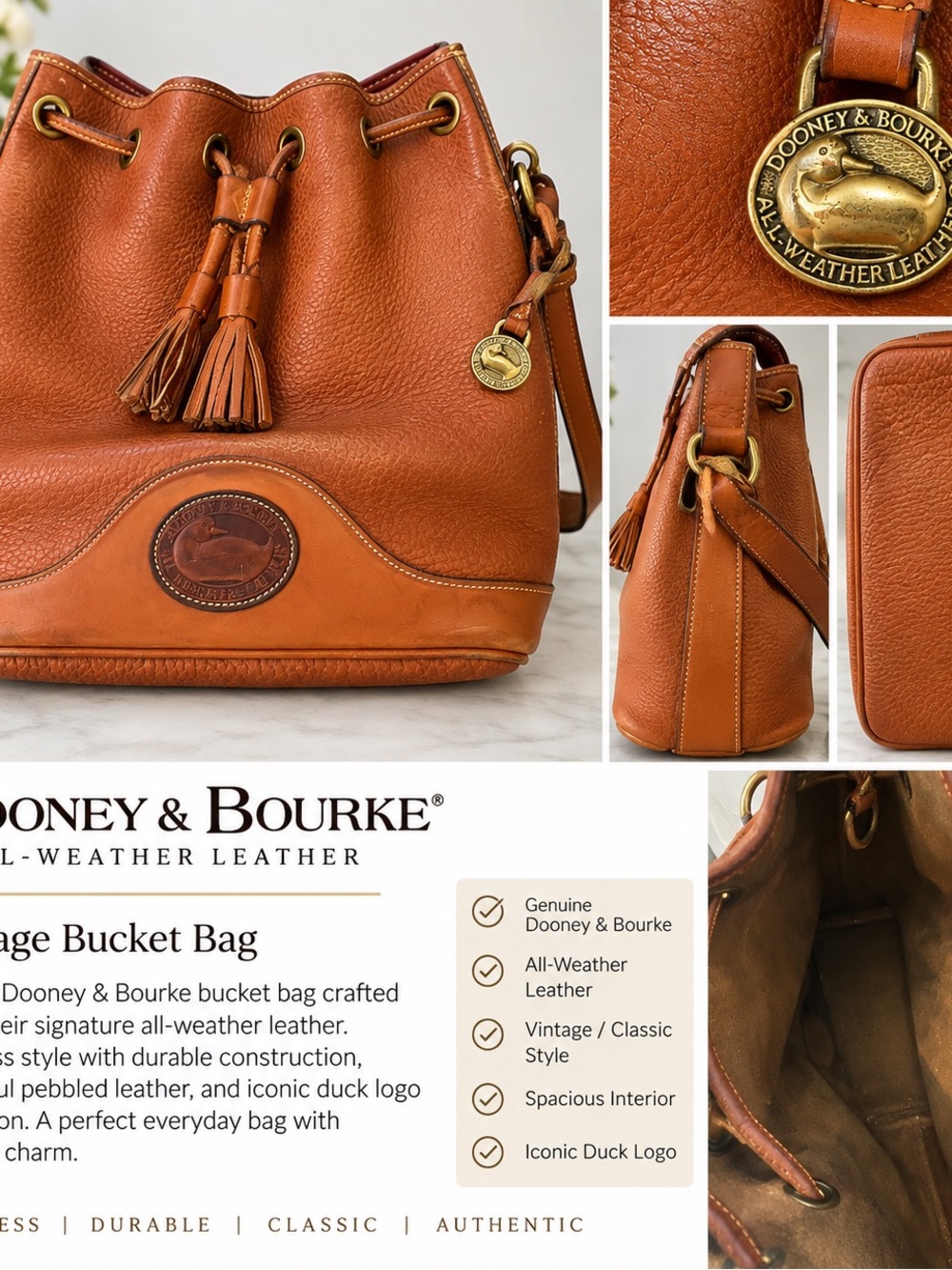 Dooney & Bourke Cognac Pebbled Leather Drawstring Bucket Bag